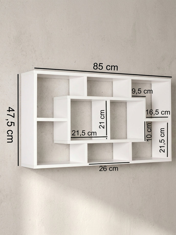 Technische Zeichnung des weißen Hängeregals mit exakten Maßangaben von 85 cm Breite und 47,5 cm Höhe für die Raumplanung_