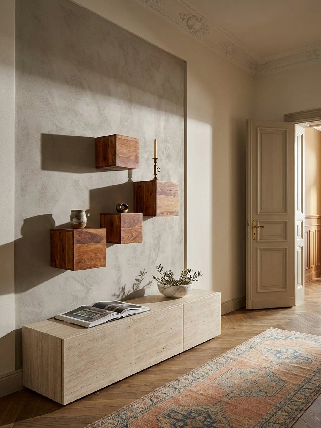Wandregal Sheesham Massivholz natur Nahaufnahme ausdrucksstarke Sheesham-Maserung mit dunklen Kontrastlinien und warmem Holzton Qualität Möbel Wohnzimmer Wohnen Einrichtung Interior Zuhause_