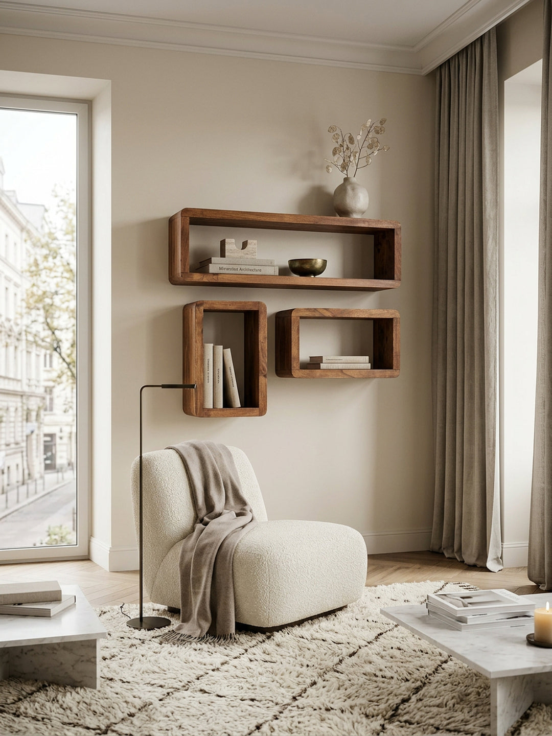 Wandregal Set TEKO CUBES_ 3-teilig_ abgerundete Ecken_ hohe Belastbarkeit_ Massivholz - KADIMA DESIGN_Farbe_ Braun_ Größe_ 80x15x20 cm_