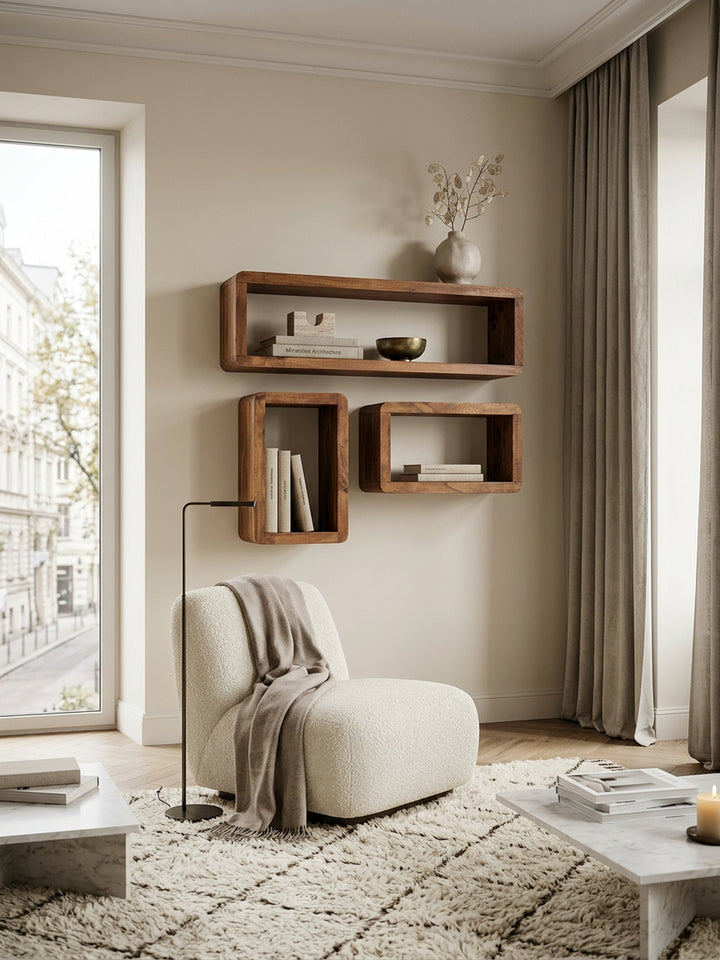 Wandregal Set TEKO CUBES_ 3-teilig_ abgerundete Ecken_ hohe Belastbarkeit_ Massivholz - KADIMA DESIGN_Farbe_ Braun_ Größe_ 80x15x20 cm_