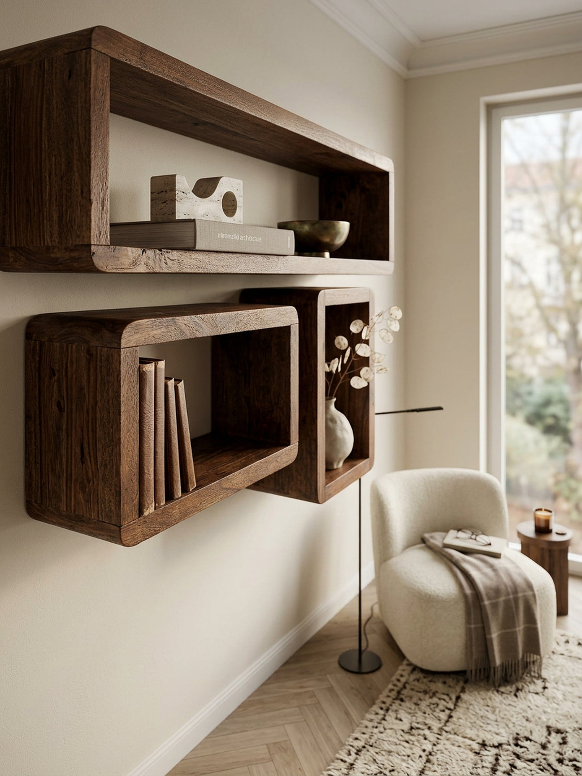 Wandregal Set TEKO CUBES  3-teilig  abgerundete Ecken  hohe Belastbarkeit  Massivholz - KADIMA DESIGN Farbe  Braun  Größe  80x15x20 cm