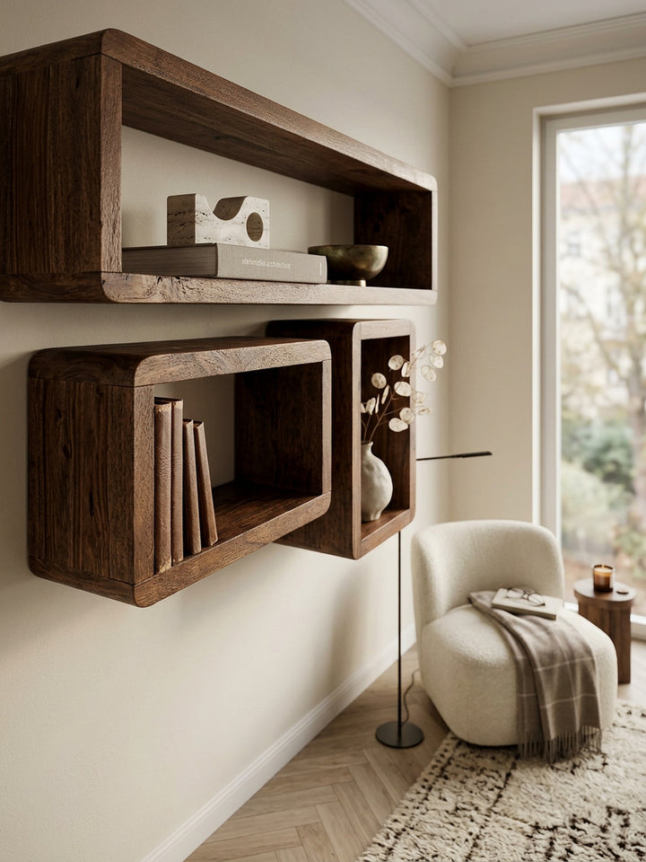 Wandregal Set TEKO CUBES_ 3-teilig_ abgerundete Ecken_ hohe Belastbarkeit_ Massivholz - KADIMA DESIGN_Farbe_ Braun_ Größe_ 80x15x20 cm_