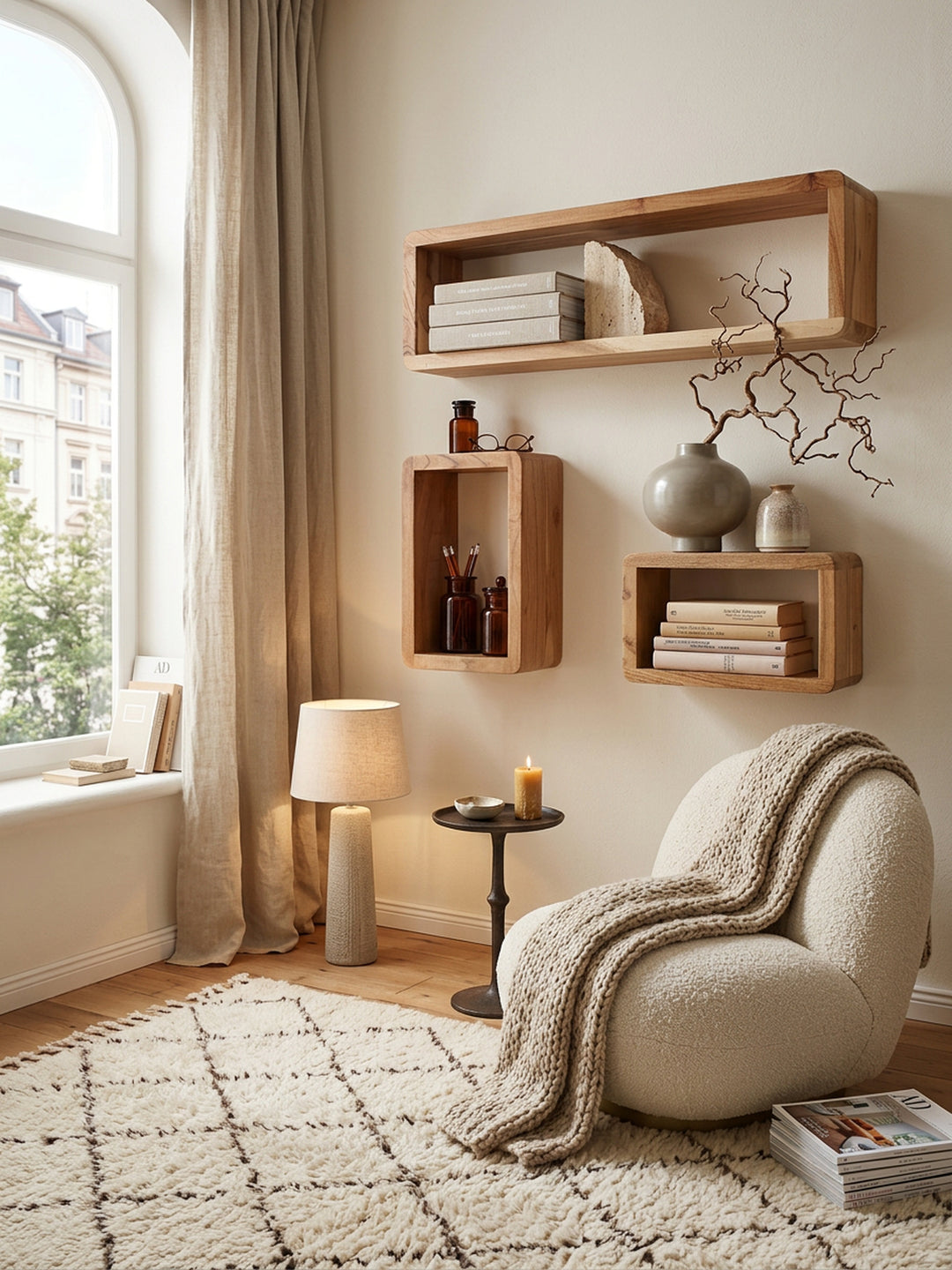 Wandregal Set TEKO CUBES_ 3-teilig_ abgerundete Ecken_ hohe Belastbarkeit_ Massivholz - KADIMA DESIGN_Farbe_ Beige_ Größe_ 80x15x20 cm_