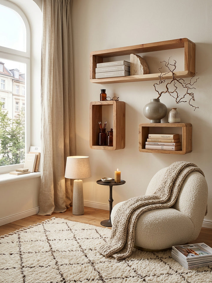 Wandregal Set TEKO CUBES_ 3-teilig_ abgerundete Ecken_ hohe Belastbarkeit_ Massivholz - KADIMA DESIGN_Farbe_ Beige_ Größe_ 80x15x20 cm_