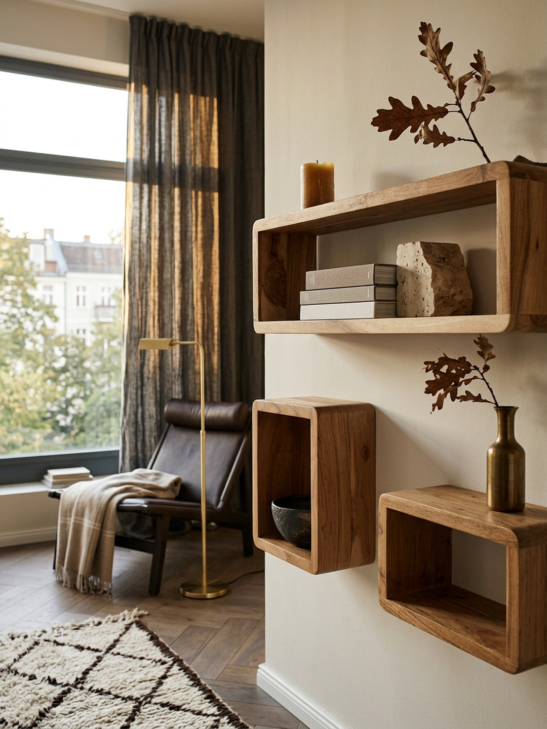 Wandregal Set TEKO CUBES_ 3-teilig_ abgerundete Ecken_ hohe Belastbarkeit_ Massivholz - KADIMA DESIGN_Farbe_ Beige_ Größe_ 80x15x20 cm_