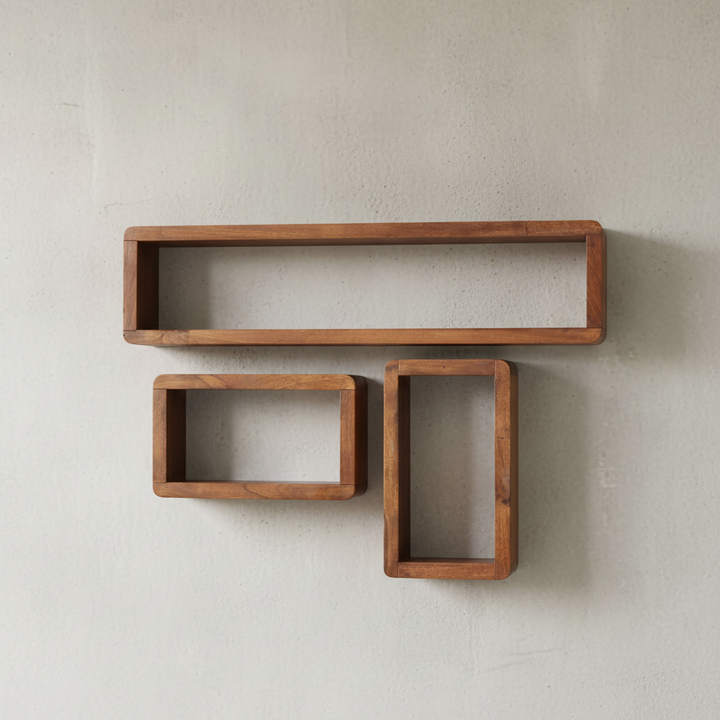 Wandregal Set TEKO CUBES_ 3-teilig_ abgerundete Ecken_ hohe Belastbarkeit_ Massivholz - KADIMA DESIGN_Farbe_ Braun_ Größe_ 80x15x20 cm_