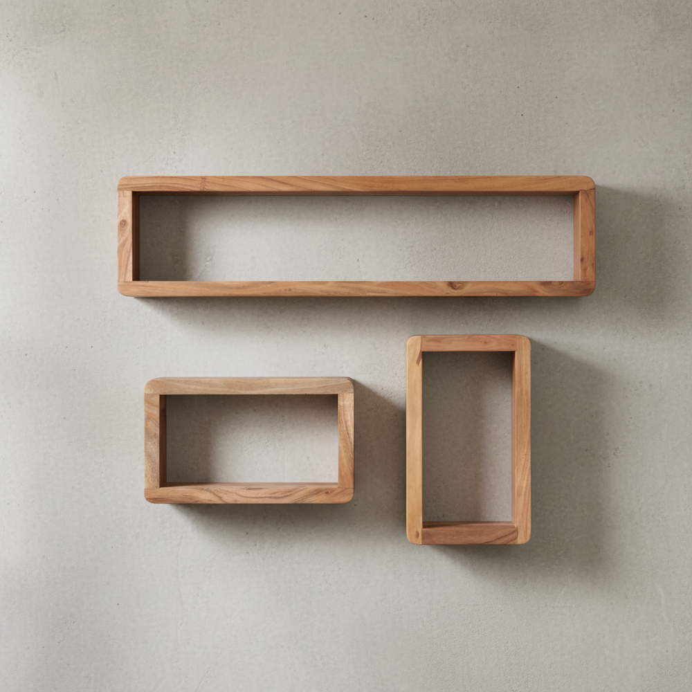 Wandregal Set TEKO CUBES_ 3-teilig_ abgerundete Ecken_ hohe Belastbarkeit_ Massivholz - KADIMA DESIGN_Farbe_ Beige_ Größe_ 80x15x20 cm_