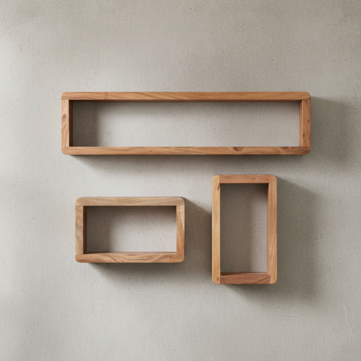Wandregal Set TEKO CUBES_ 3-teilig_ abgerundete Ecken_ hohe Belastbarkeit_ Massivholz - KADIMA DESIGN_Farbe_ Beige_ Größe_ 80x15x20 cm_