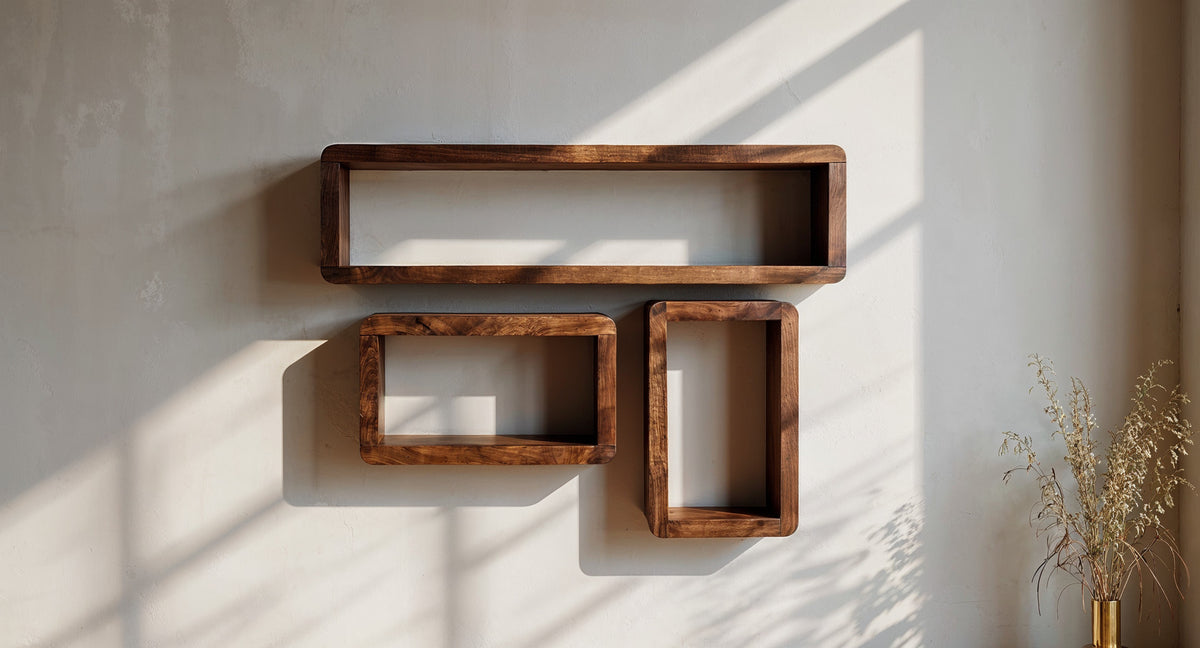 Wandregal Set aus Massivholz 3 teilig Teko Cubes mit abgerundeten Ecken und natürlicher Holzmaserung für Wohnzimmer oder Flur KADIMA DESIGN
