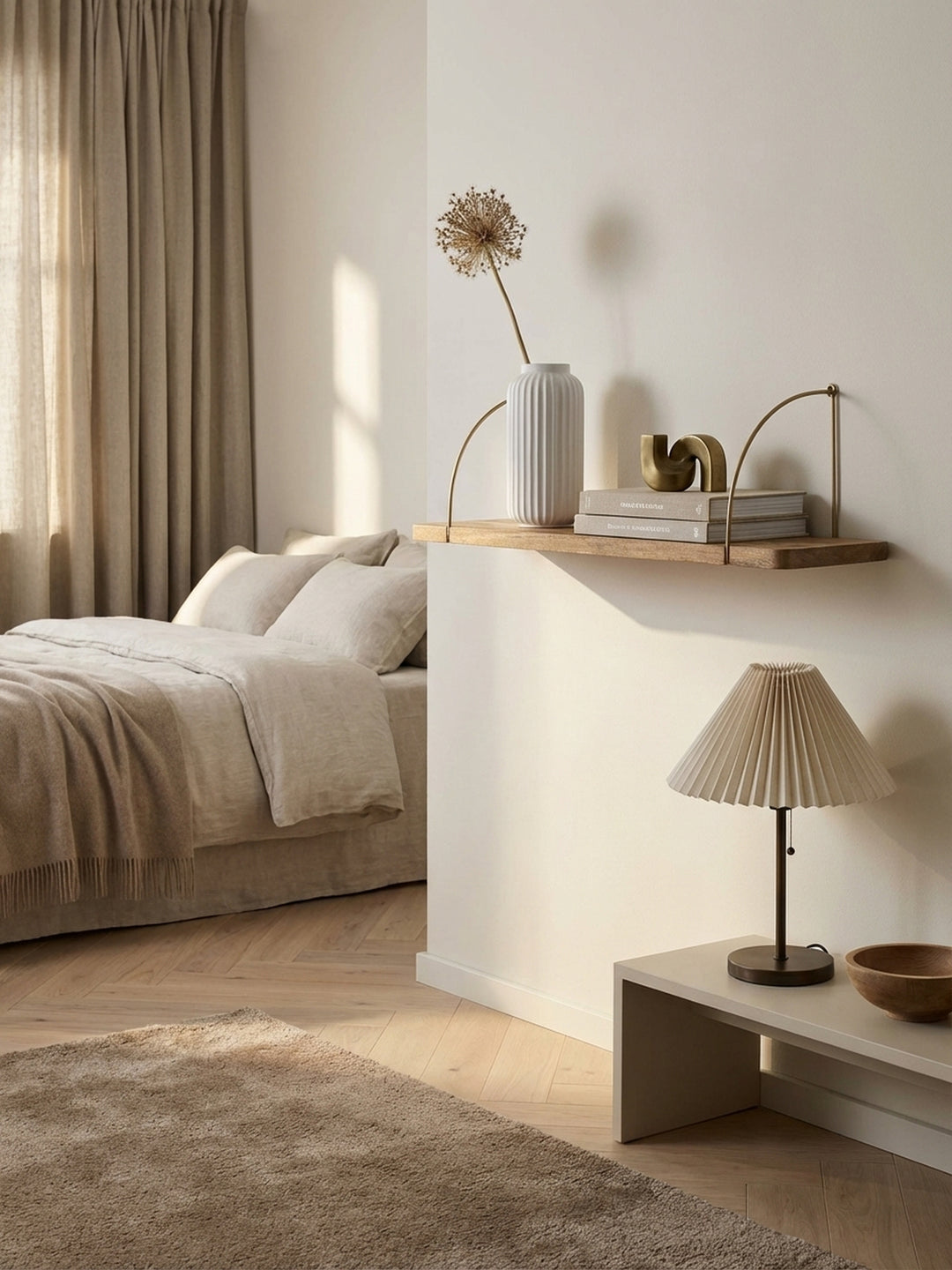 Elegantes Wandregal aus Mango Massivholz mit goldenen Halterungen, stilvoll dekoriert mit Büchern und einer Vase in einem modernen Wohnzimmer._