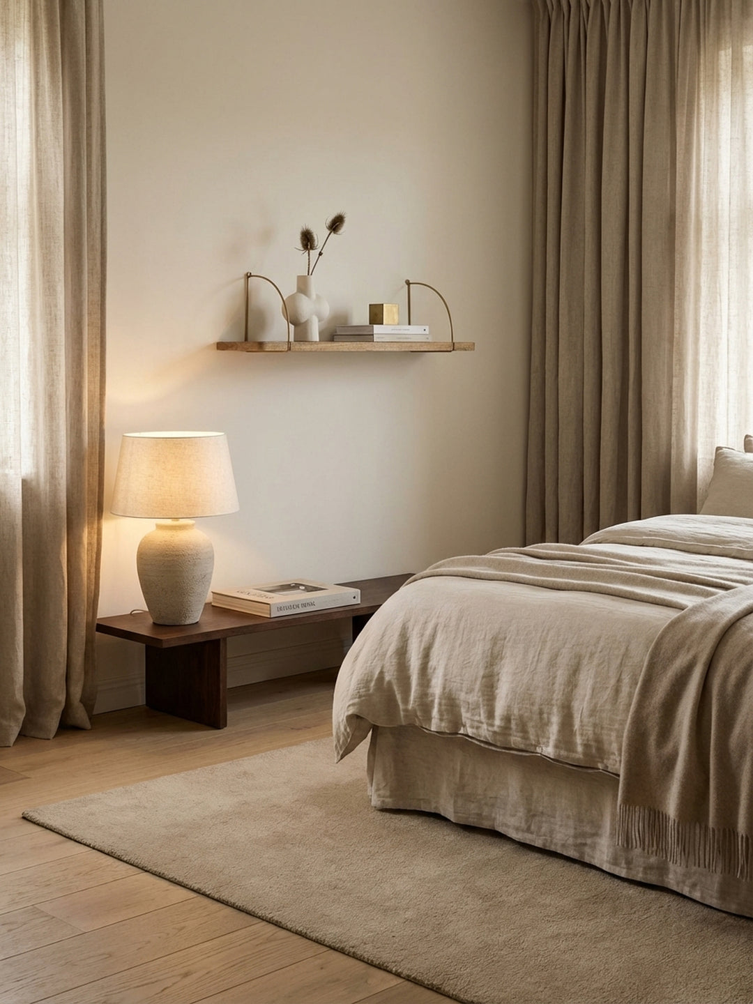 Modernes Wandregal aus Mango Massivholz mit goldenen Metallhaltern, stilvoll dekoriert mit Büchern und einer Vase in einem eleganten Wohnzimmer mit grauer Wand._