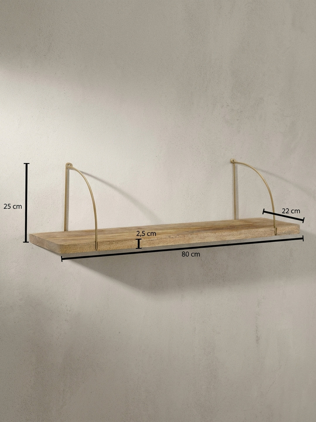Technische Zeichnung des Wandregals mit exakten Maßen: Breite 80 cm, Höhe 25 cm und Tiefe 22 cm, ideal für die Planung im Wohnzimmer oder Flur._