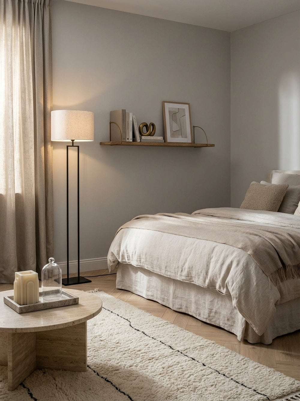 Wandregal aus massivem Mangoholz mit Gold-Halterungen, stilvoll dekoriert mit Büchern und Bildern in einem modernen Wohnzimmer mit grauer Wand._