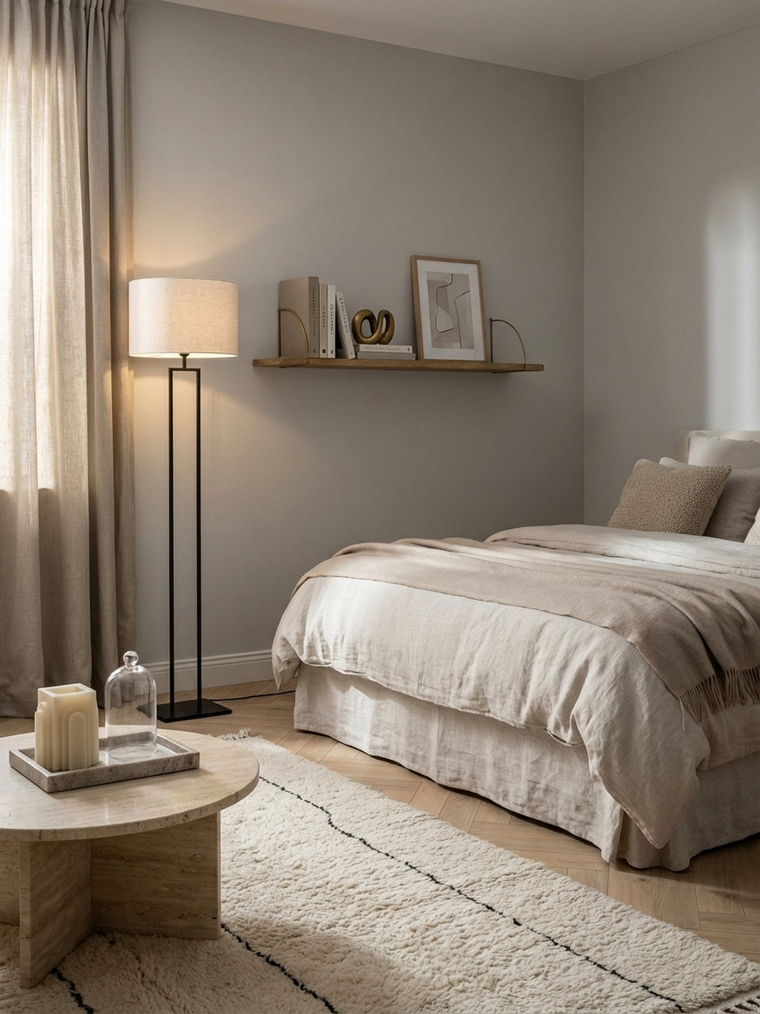 Wandregal aus massivem Mangoholz mit Gold-Halterungen, stilvoll dekoriert mit Büchern und Bildern in einem modernen Wohnzimmer mit grauer Wand._