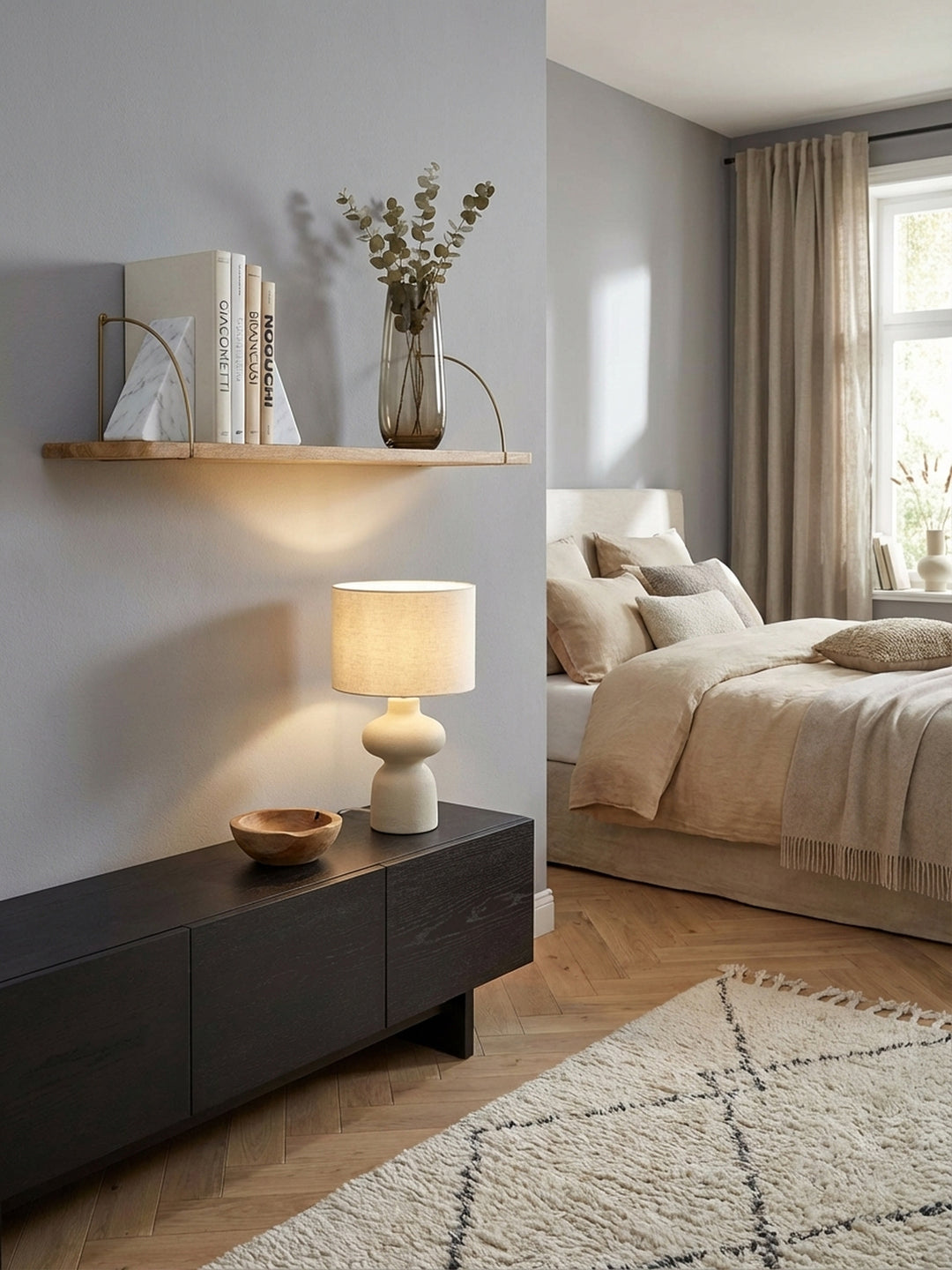Design Hängeregal 120 cm aus der Vogelperspektive, das die harmonische Anordnung auf der massiven Mangoholz-Ablage und die eleganten Metallhalterungen zeigt._
