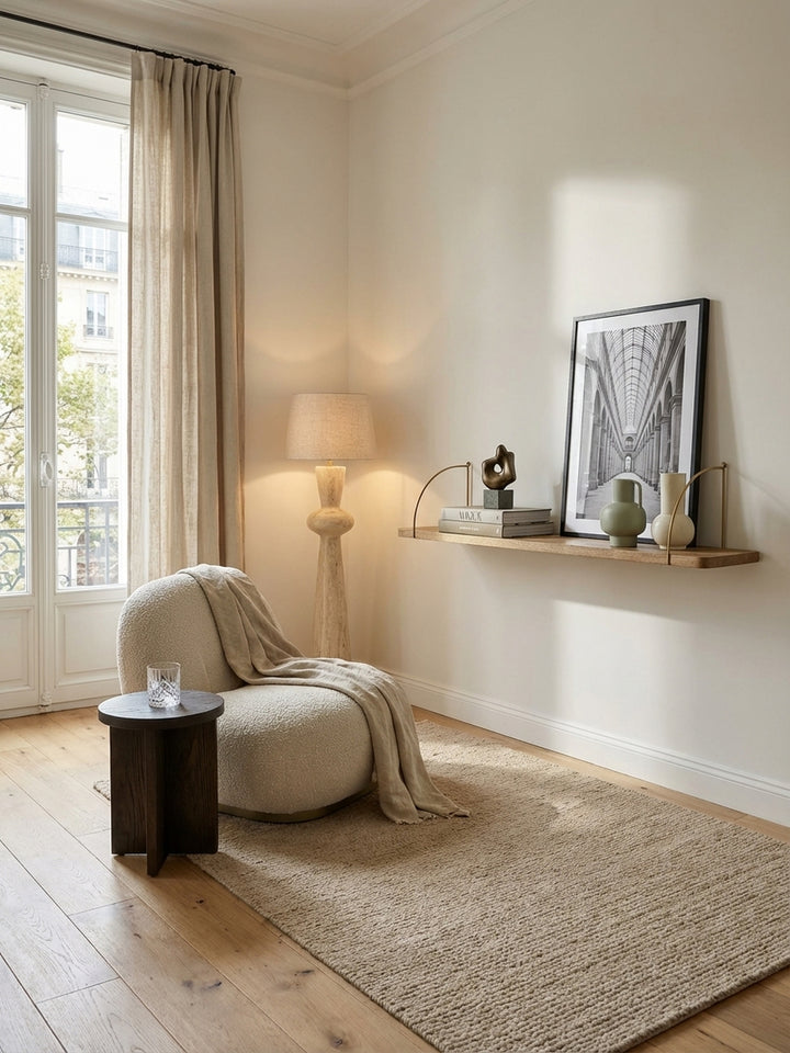 Großes Wandregal aus Mango Massivholz mit Gold-Akzenten, stilvoll dekoriert mit Büchern und Rahmen in einem modern eingerichteten Wohnzimmer mit grauer Wand._