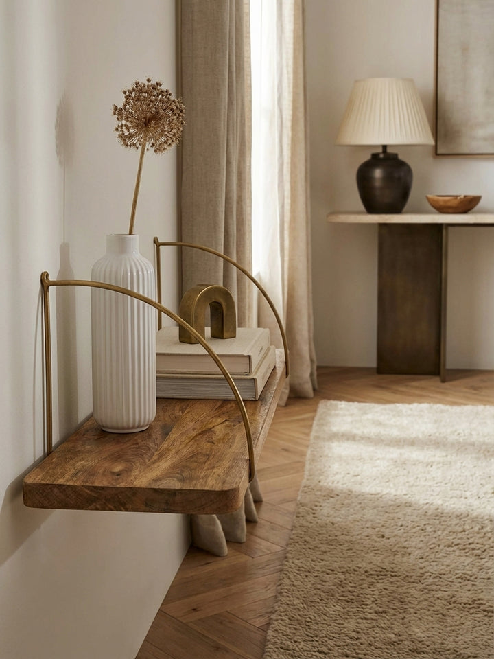 Detailaufnahme der lebendigen Maserung des Mango Massivholz Regals, versiegelt mit Schutzlack, und der mattgoldenen Metallhalterung._