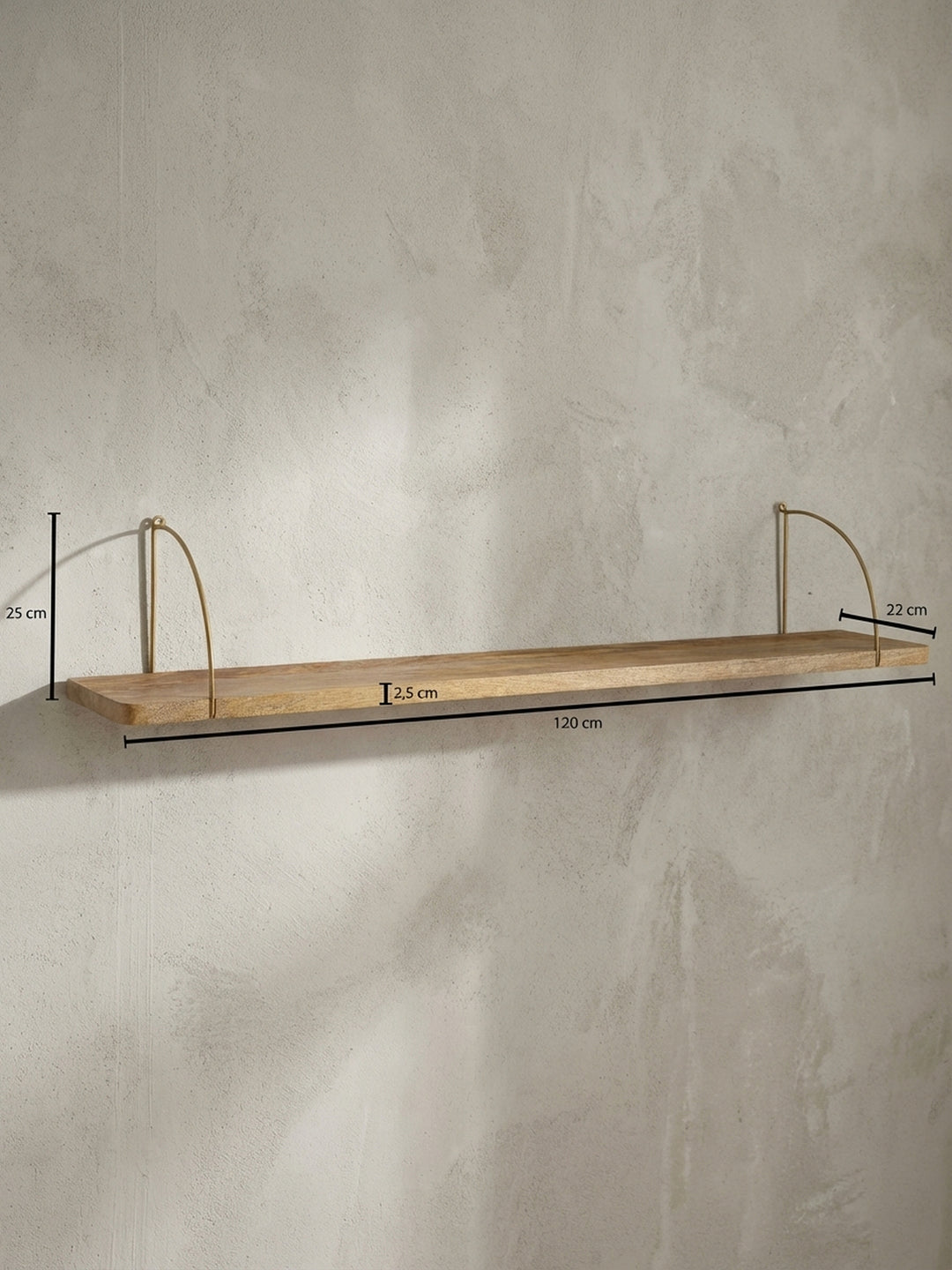 Technisches Bild des Hängeregals mit exakten Maßen: Breite 120 cm, Höhe 25 cm, Tiefe 22 cm, ideal zur Planung der Wandmontage im Wohnzimmer._