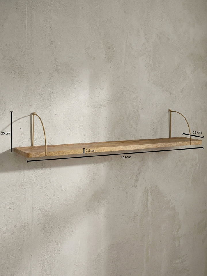 Technisches Bild des Hängeregals mit exakten Maßen: Breite 120 cm, Höhe 25 cm, Tiefe 22 cm, ideal zur Planung der Wandmontage im Wohnzimmer._
