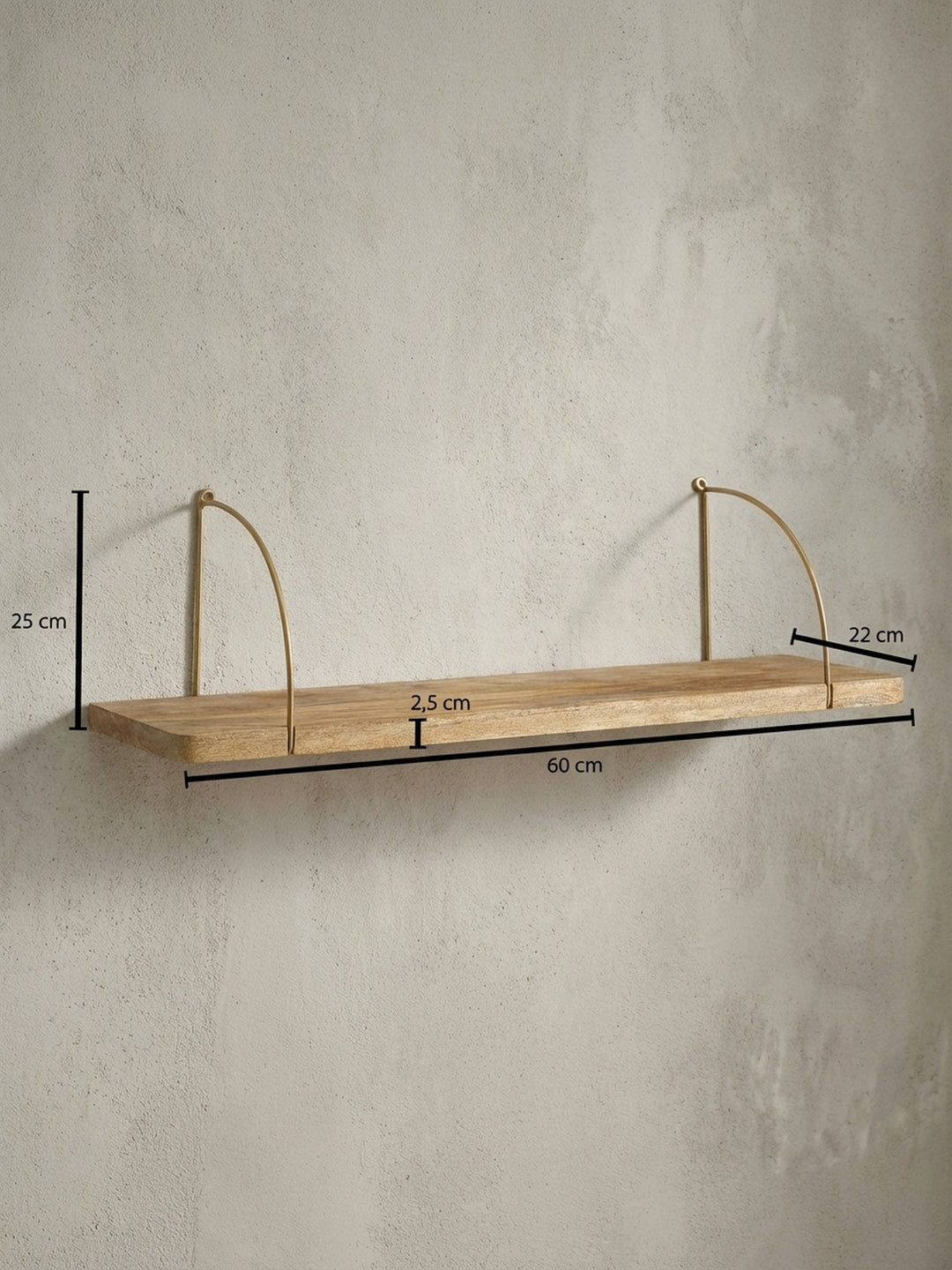 Technische Skizze des Wandregals mit allen exakten Maßen: Breite 60 cm, Höhe 25 cm und Tiefe 22 cm, für eine präzise Raumplanung._