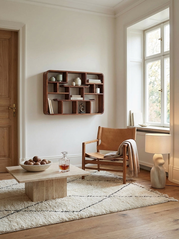 Modernes Wandregal aus massivem Sheesham-Holz, stilvoll dekoriert mit Büchern und Pflanzen im Wohnzimmer, unterstreicht ein warmes und gemütliches Ambiente._