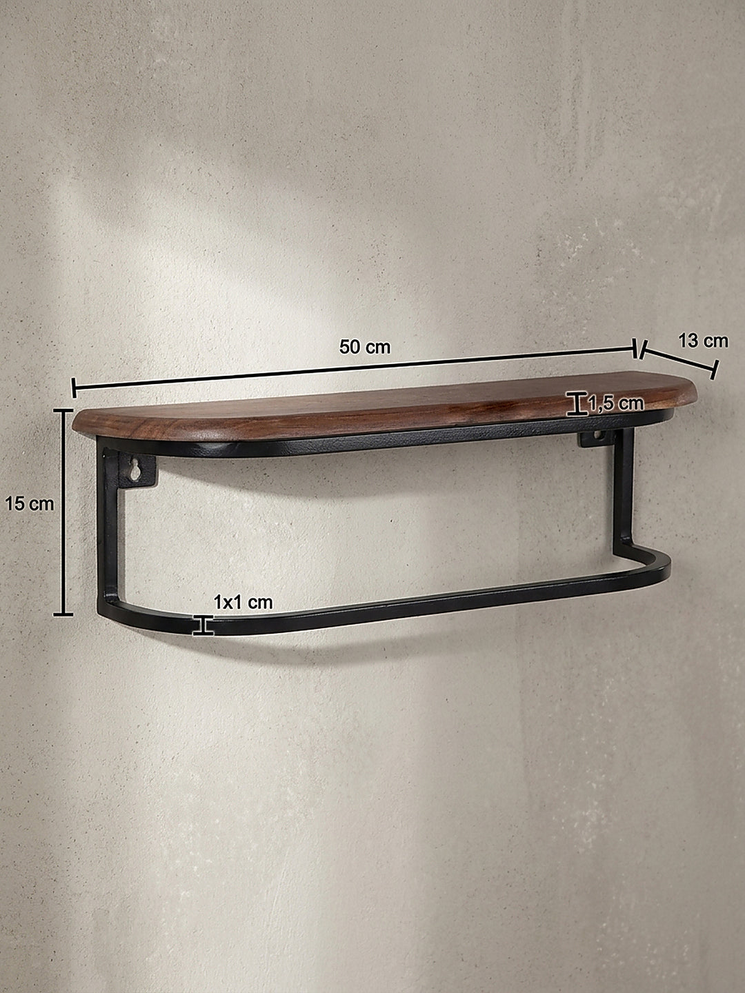 Technische Skizze des Wandregals mit den exakten Maßen von 50 cm Länge, 15 cm Höhe und 13 cm Tiefe für die perfekte Raumplanung._