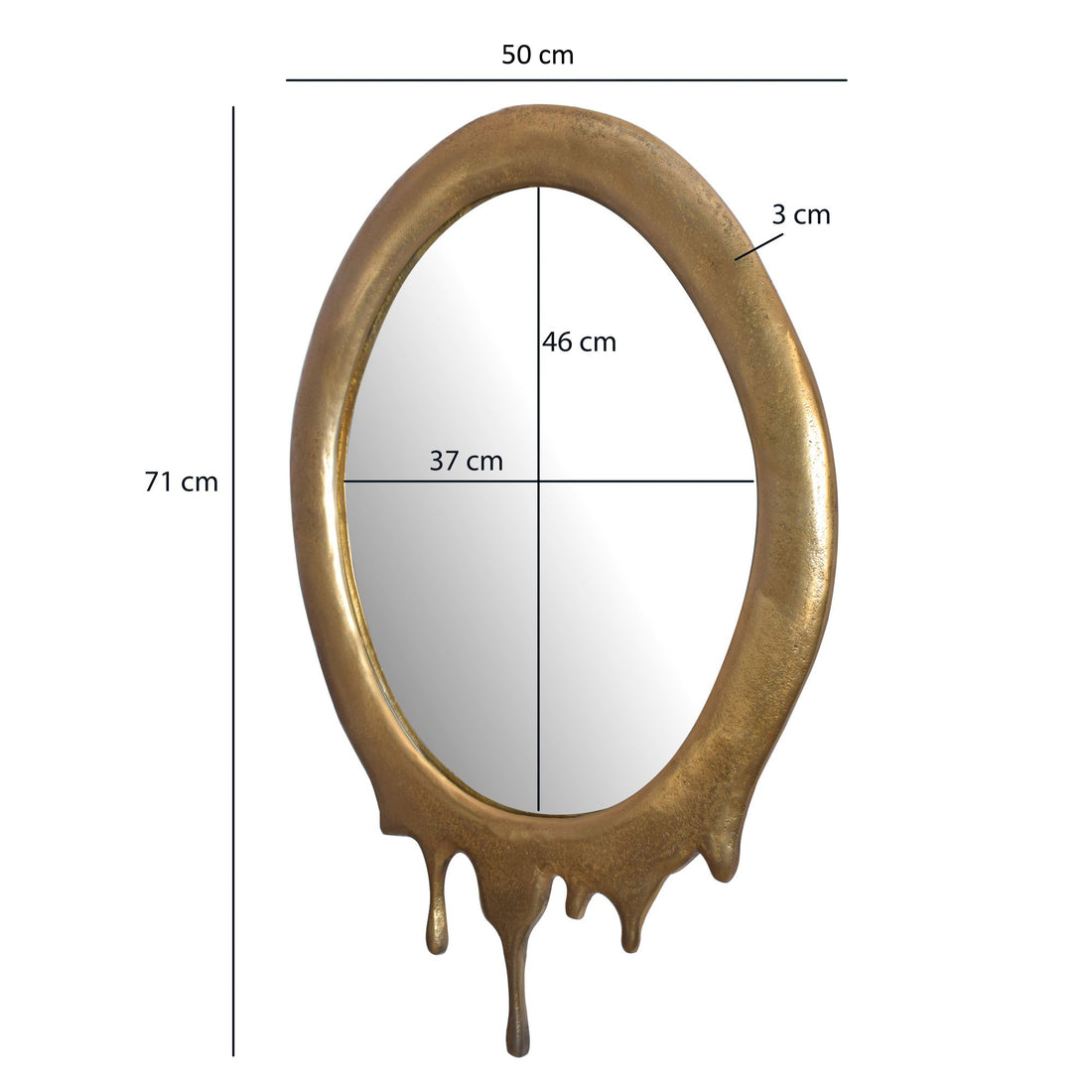 Maßzeichnung Wandspiegel Oval Metall Gold 50x71 cm Modern