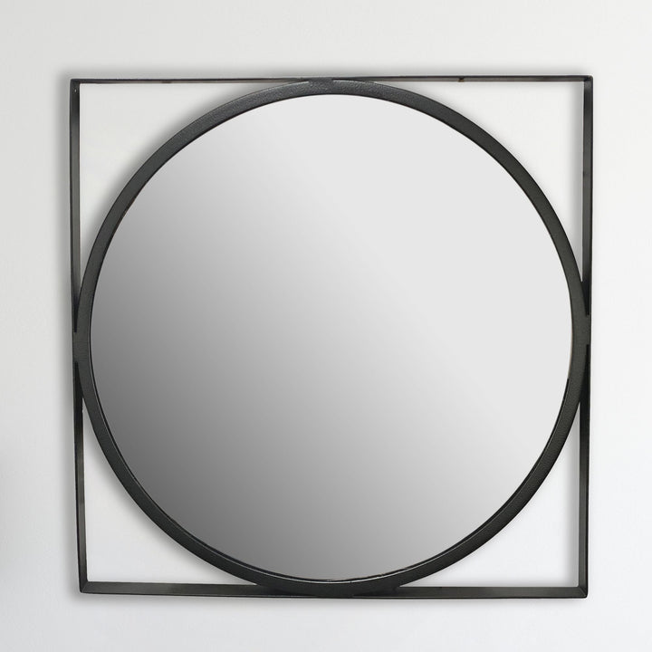 Wandspiegel 54x54 cm Metall Design Hängespiegel Schwarz - Eisen Dekospiegel Rund mit quadratischem Rahmen - Spiegel Wand Klein - Flurspiegel Garderobenspiegel Modern_