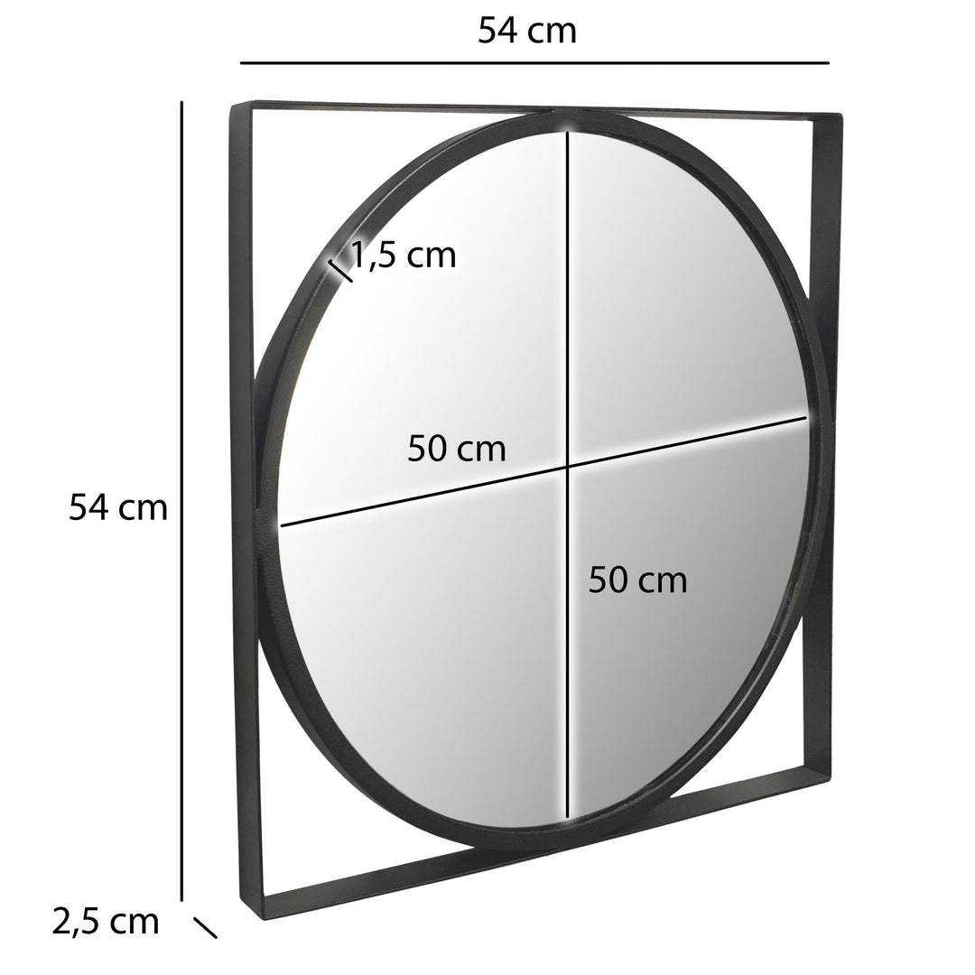 Wandspiegel 54x54 cm Metall Design Hängespiegel Schwarz - Eisen Dekospiegel Rund mit quadratischem Rahmen - Spiegel Wand Klein - Flurspiegel Garderobenspiegel Modern_