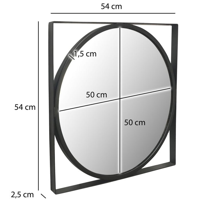 Wandspiegel 54x54 cm Metall Design Hängespiegel Schwarz - Eisen Dekospiegel Rund mit quadratischem Rahmen - Spiegel Wand Klein - Flurspiegel Garderobenspiegel Modern_