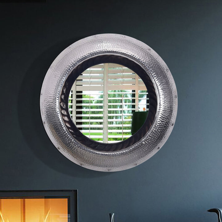 Wandspiegel Rund Metall Silber 74 cm Hammerschlag-Optik