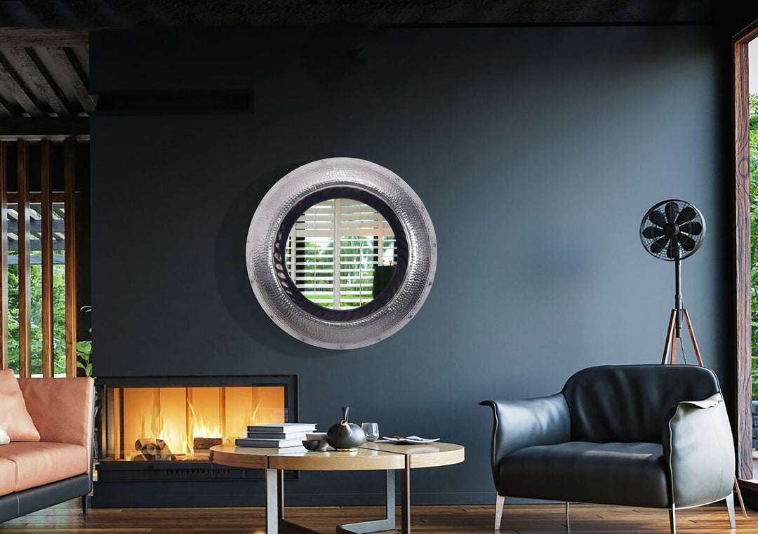 Wandspiegel Rund Metall Silber 74 cm Hammerschlag-Optik