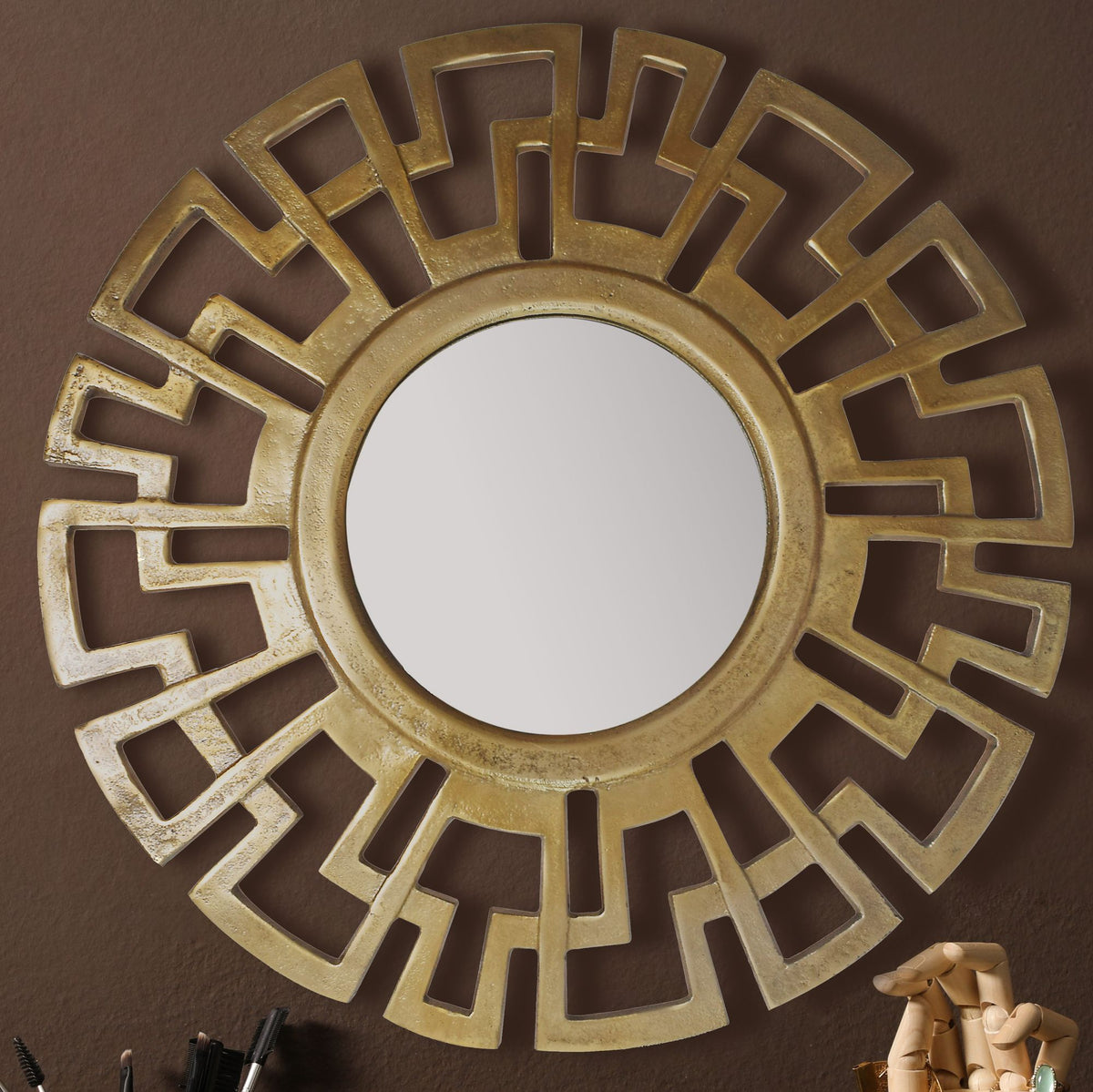 Wandspiegel Art déco 60 cm Metall Design Hängespiegel Gold - Aluminium Dekospiegel Rund mit Rahmen - Spiegel Wand Groß - Flurspiegel Garderobenspiegel Modern