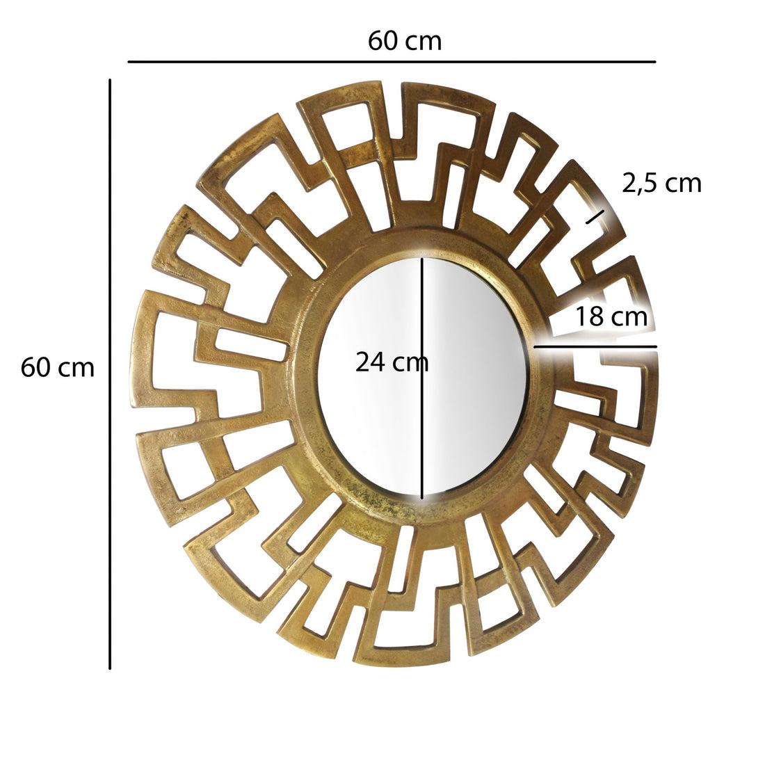 Maßzeichnung Wandspiegel Rund Metall Gold 60 cm Art déco Stil