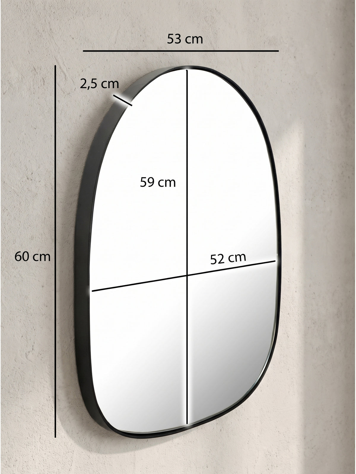 Technische Zeichnung des asymmetrischen Wandspiegels mit schwarzen Maßlinien zeigt exakt 53 cm Breite und 60 cm Höhe.