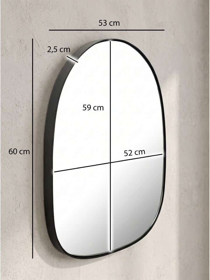 Technische Zeichnung des asymmetrischen Wandspiegels mit schwarzen Maßlinien zeigt exakt 53 cm Breite und 60 cm Höhe._