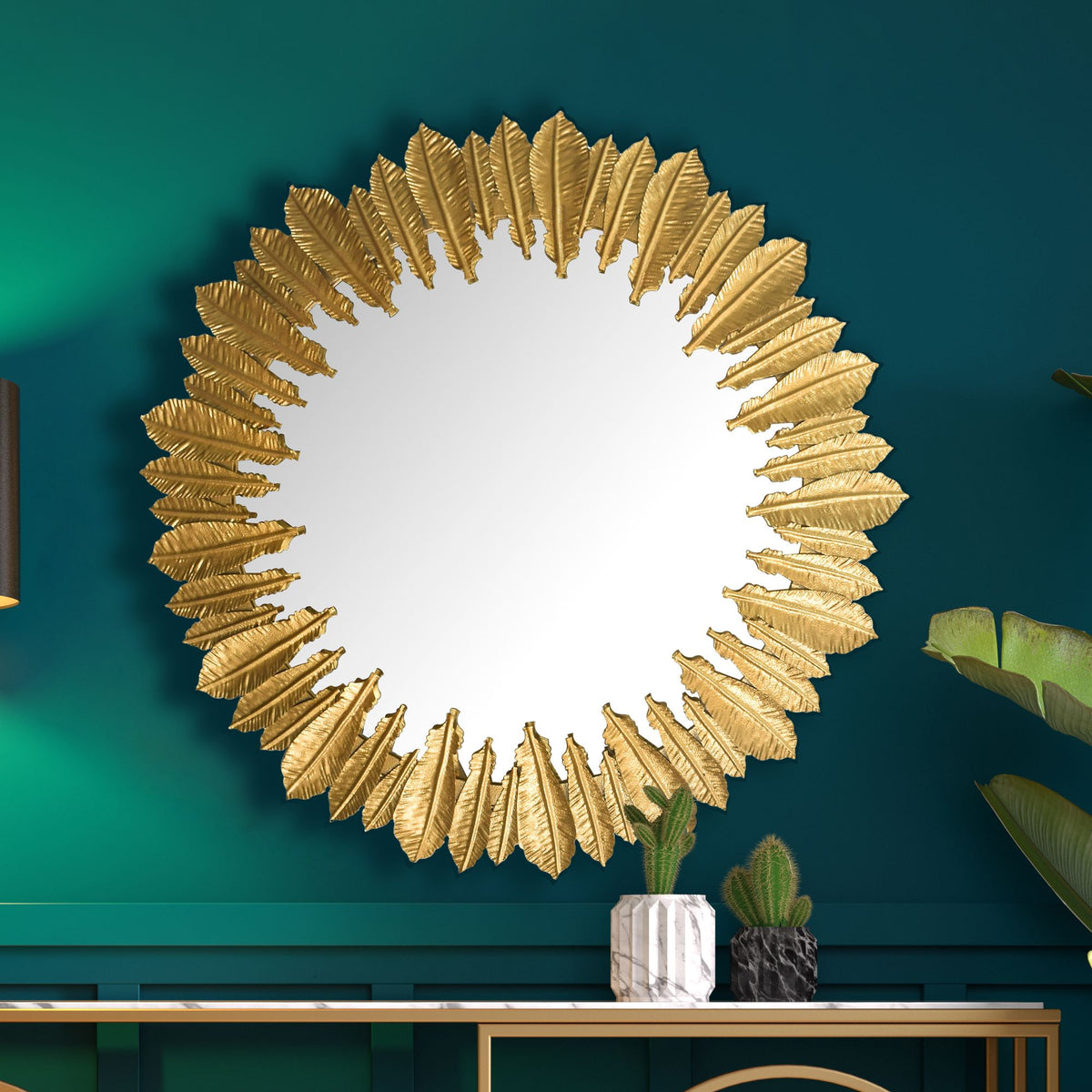Wandspiegel Federn 68 cm Metall Design Hängespiegel Gold - Eisen Dekospiegel Rund - Spiegel Wand Groß - Flurspiegel Garderobenspiegel Modern_