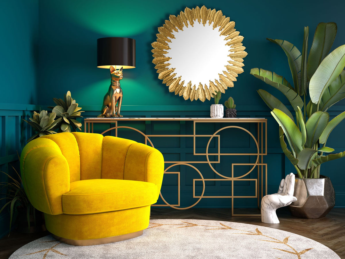 Wandspiegel Federn 68 cm Metall Design Hängespiegel Gold - Eisen Dekospiegel Rund - Spiegel Wand Groß - Flurspiegel Garderobenspiegel Modern_