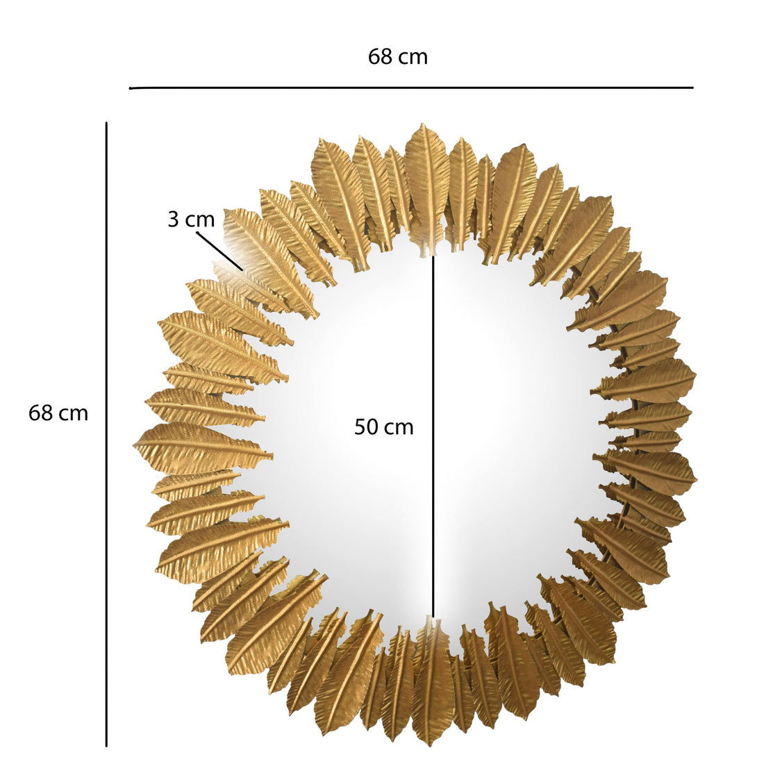 Maßzeichnung Wandspiegel Rund Metall Gold 68 cm Federn-Design