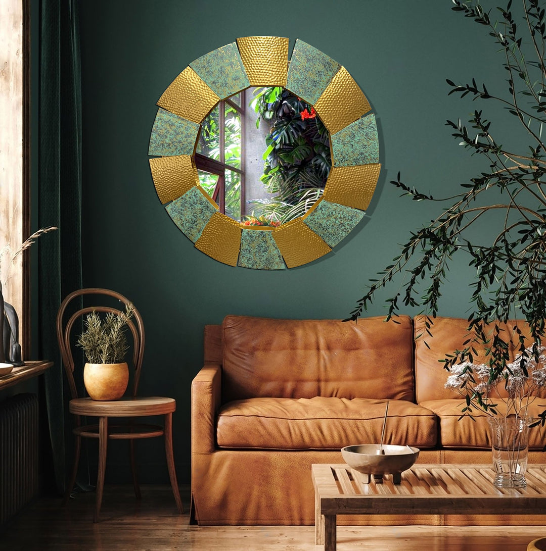 Wandspiegel Rund Metall Burnt Gold 63 cm Hammerschlag-Optik