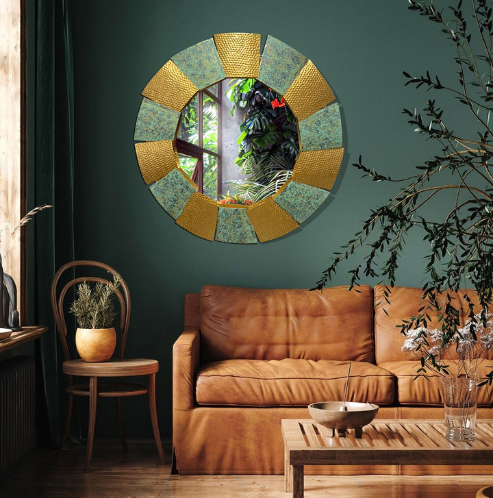 Wandspiegel Rund Metall Burnt Gold 63 cm Hammerschlag-Optik
