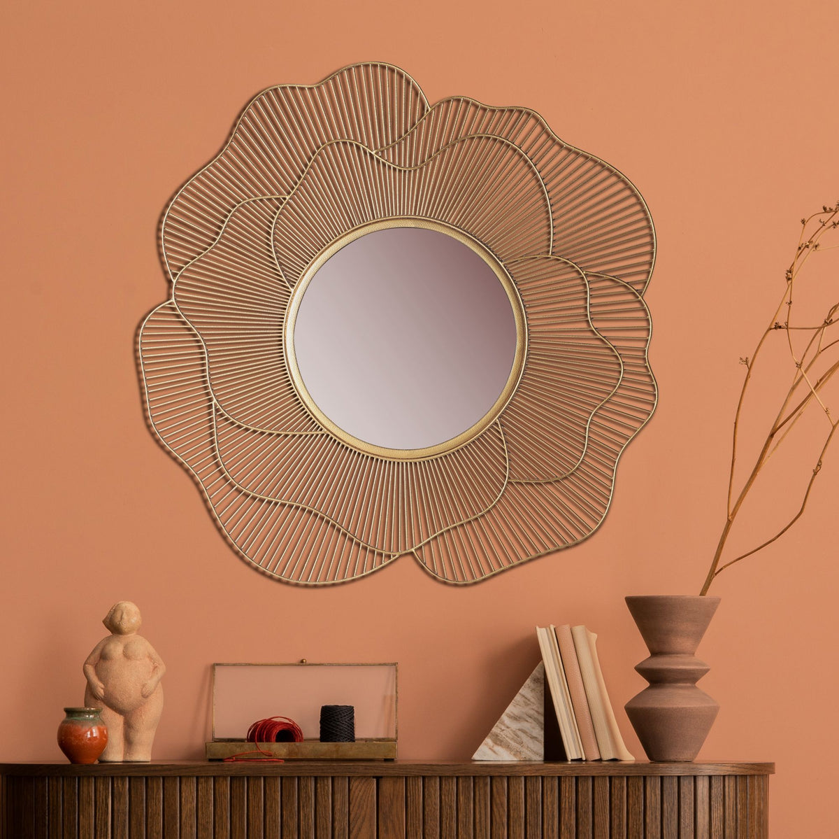 Wandspiegel Rose 77 cm Metall Design Hängespiegel Gold - Eisen Dekospiegel Rund - Spiegel Wand Groß Blütenform - Flurspiegel Garderobenspiegel Modern_
