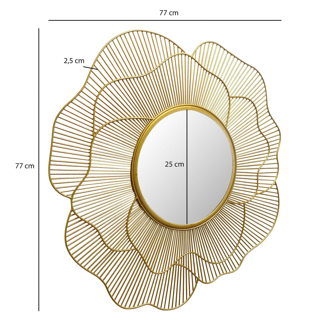 Maßzeichnung Wandspiegel Rund Metall Gold 77 cm Blütenform