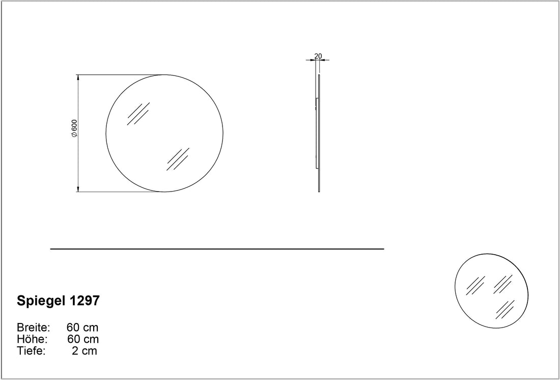 Maßzeichnung Wandspiegel Rund Ø 60 cm Graphit – Rahmenlos & Made in Germany