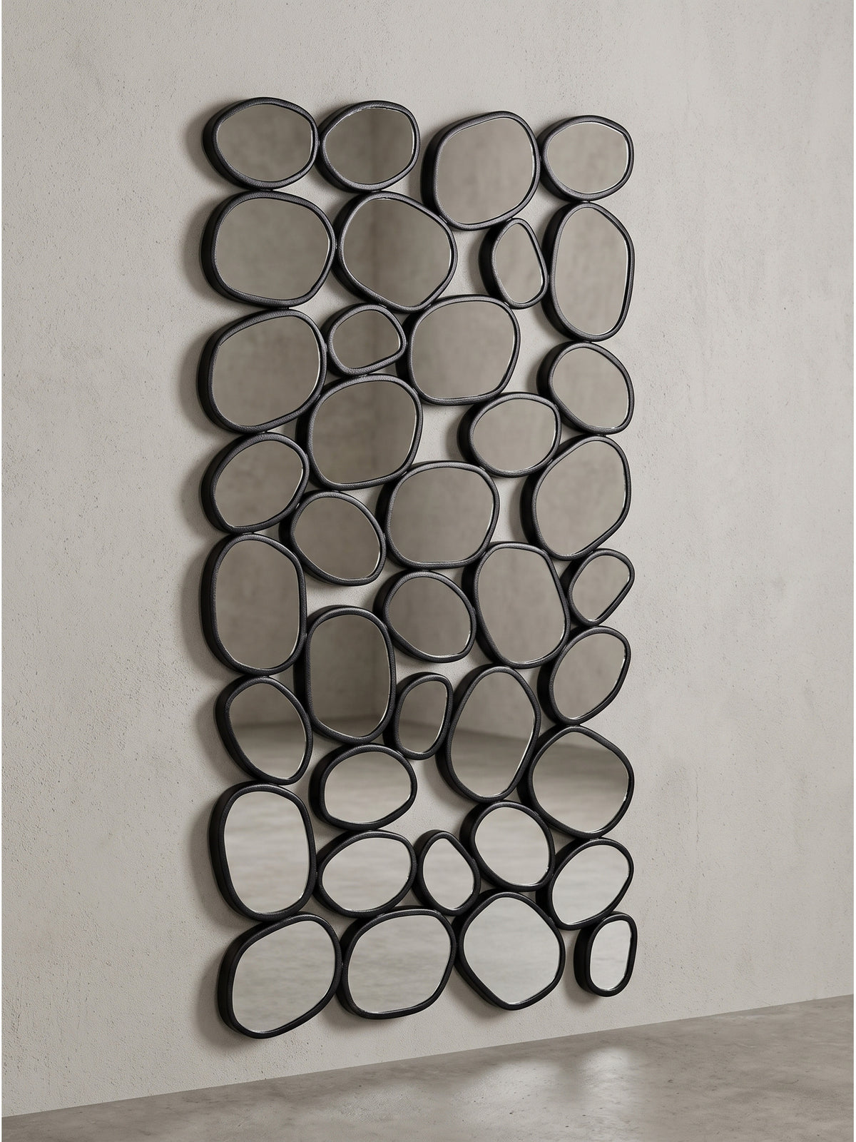 Moderner Wandspiegel 56x99 cm mit organisch geformtem Eisenrahmen in Schwarz auf reinweißem Hintergrund