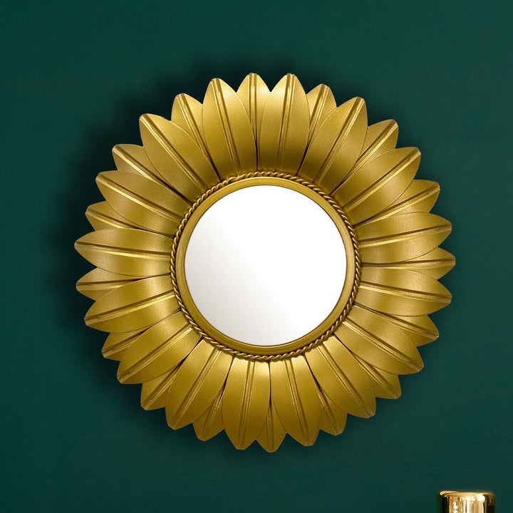 Wandspiegel Sonnenblume 60 cm Metall Design Hängespiegel Gold - Eisen Dekospiegel Blüte Rund - Spiegel Blume Wand Groß - Flurspiegel Garderobenspiegel Modern_