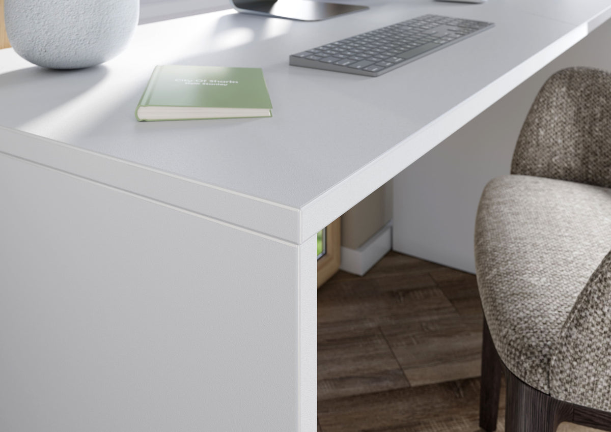 Wangenschreibtisch mit Knieblende_ 140x60x75_ stoßfeste Kanten_ belastbare Tischplatte_ Beige-Weiß - SAGE-Serie von Kadima Design_Größe_ 140x60x75 cm_