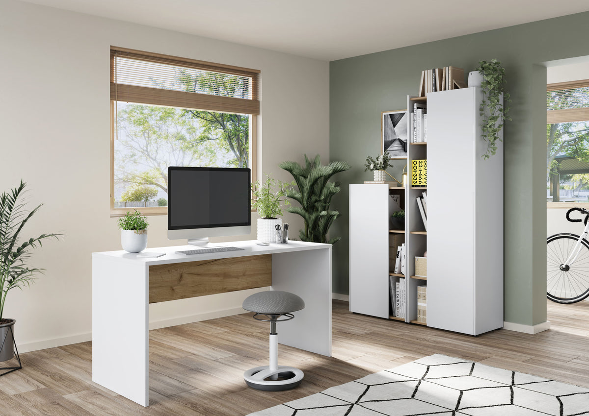 Wangenschreibtisch mit Knieblende  140x60x75  stoßfeste Kanten  belastbare Tischplatte  Beige-Weiß - SAGE-Serie von Kadima Design Größe  140x60x75 cm