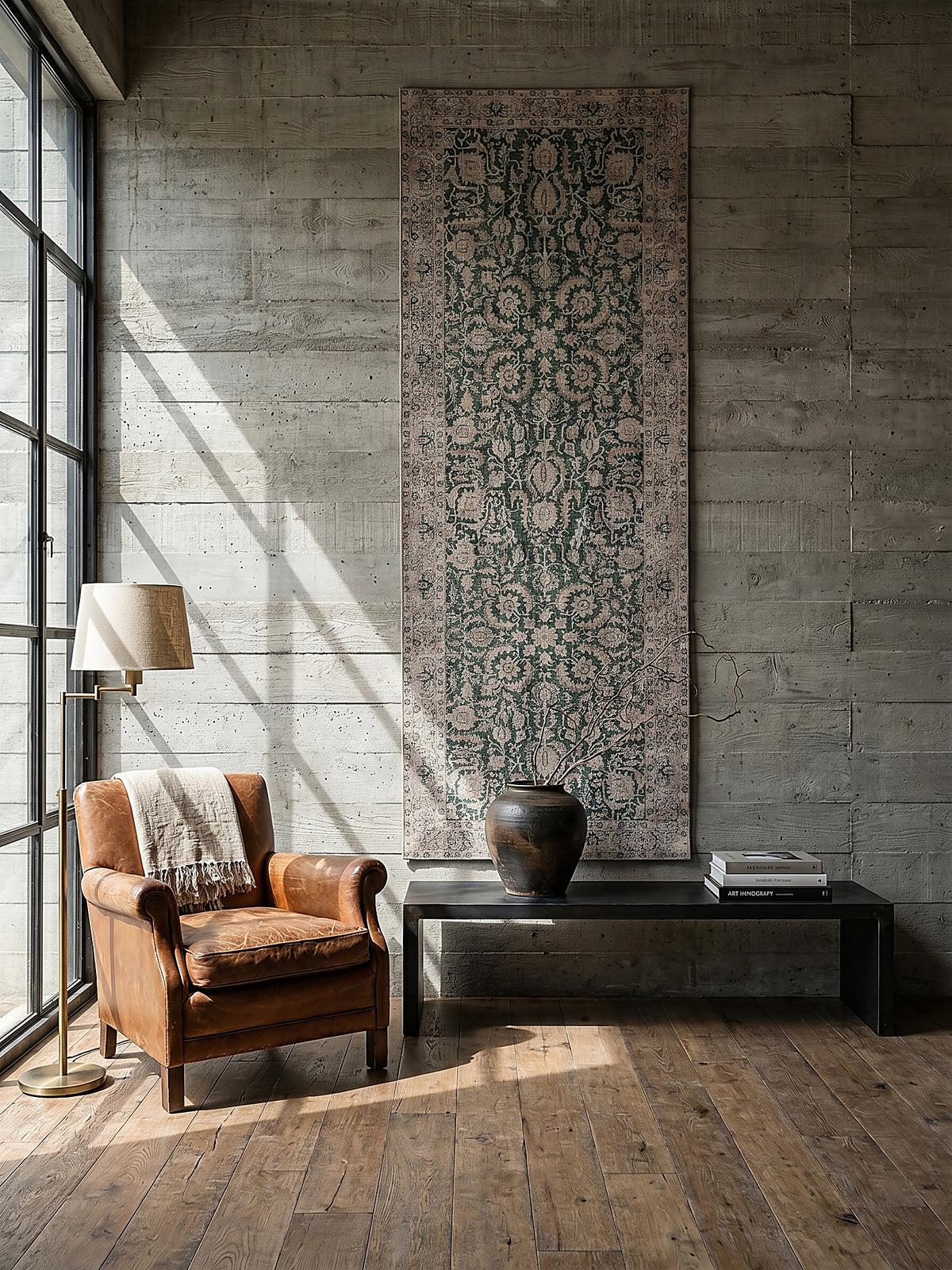 Teppich Grün Läufer als Wandteppich Wanddekoration Textilkunst Interior Design_