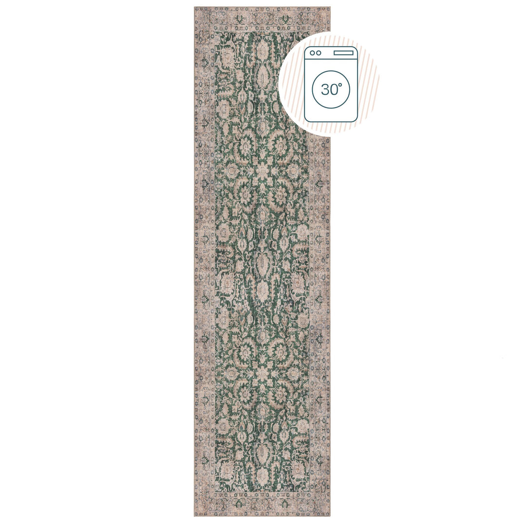 Waschbarer Flachgewebe Teppich Grün Vintage Floral Muster für Wohnzimmer und Schlafzimmer_Läufer_